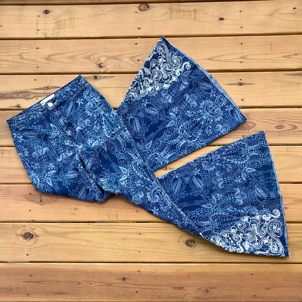 Free People Patterned Flare Jeans with Lace Detail